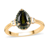 Premium Tanzanian Natural Chrome Tourmaline, Green and White Diamond Ring in Vermeil Yellow Gold Over Sterling Silver (Size 10.0) 1.00 ctw