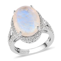 Premium Rainbow Moonstone and White Zircon Halo Ring in Platinum Over Sterling Silver (Size 10.0) 10.60 ctw