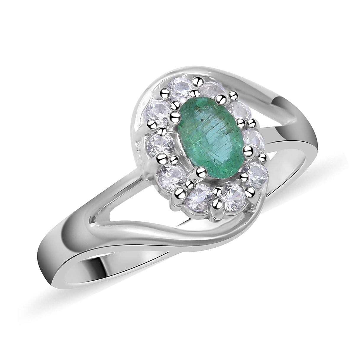 AAA Kagem Zambian Emerald and Natural White Zircon Bypass Halo Ring in Platinum Over Sterling Silver 1.00 ctw