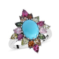 Premium AMERICAN Natural Sleeping Beauty Turquoise, Multi-Tourmaline Floral Ring in Platinum Over Sterling Silver (Size 10.0) 4.65 Carat Total Weight - Sticky add to cart bar