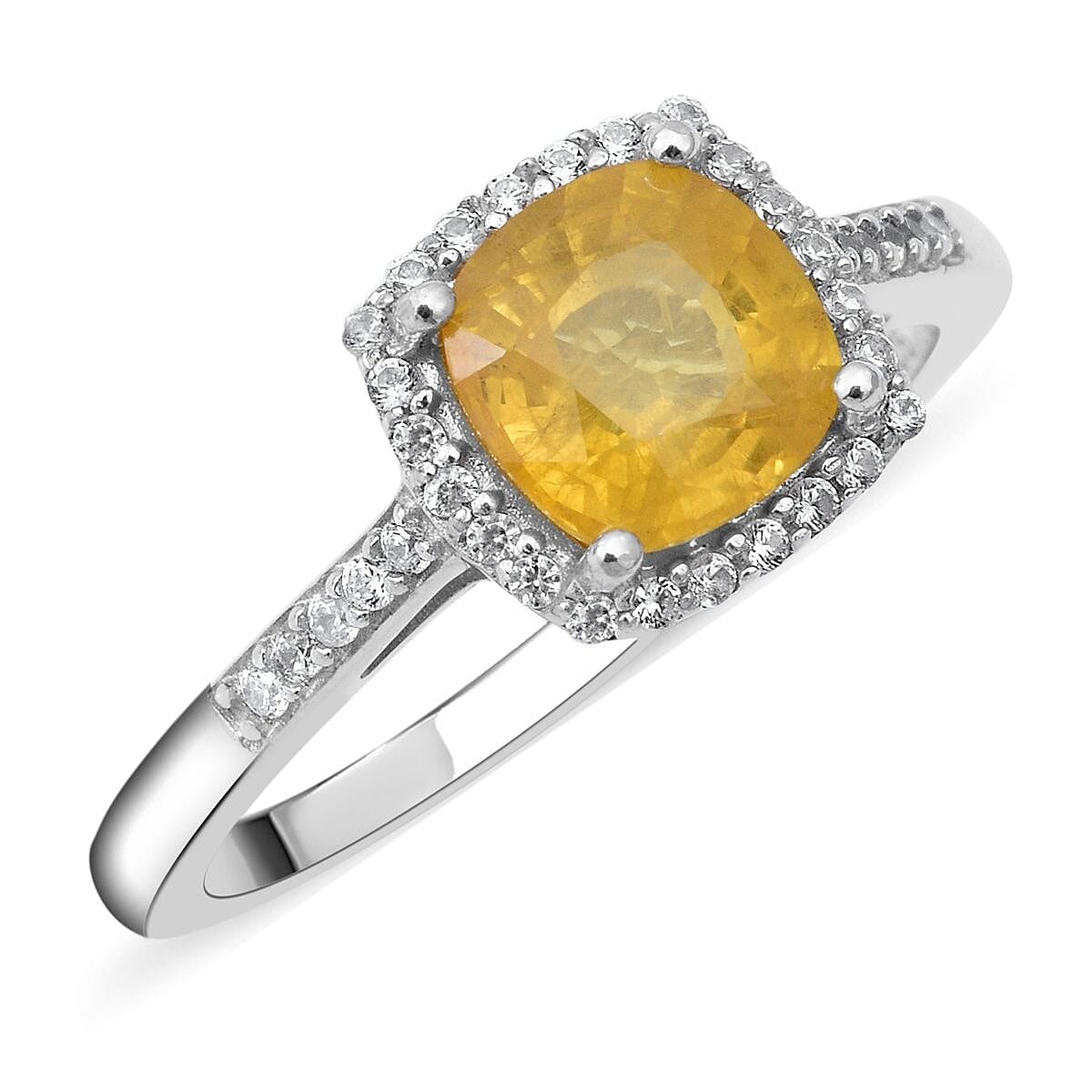 Premium Yellow Sapphire and Natural White Zircon Halo Ring in Platinum Over Sterling Silver (Size 8.0) 2.00 ctw
