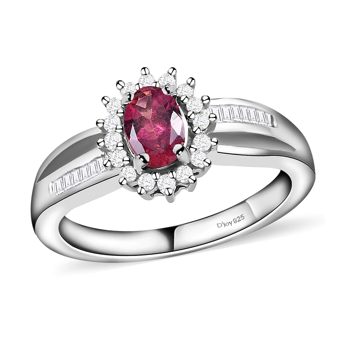 Premium Ouro Fino Rubellite and Diamond Sunburst Ring in Platinum Over Sterling Silver 0.65 ctw