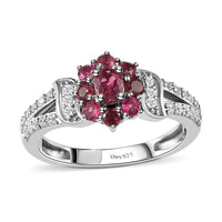 Ouro Fino Rubellite and Natural White Zircon Floral Split Shank Ring in Platinum Over Sterling Silver 0.75 ctw