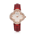 Strada Austrian Crystal Japanese Movement Four Clover Leaf Pattern Watch in Rosetone with Red Faux Leather Strap (36.57mm) (6.5-8.5 Inches) - Sticky add to cart bar