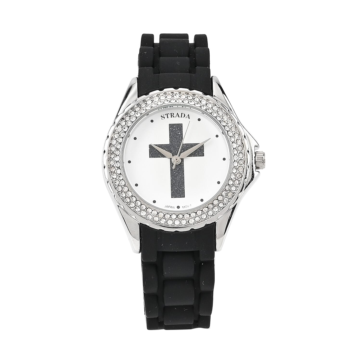 Strada Austrian Crystal Japanese Movement Black Stardust Cross Watch with Black Silicone Strap