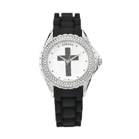 Strada Austrian Crystal Japanese Movement Black Stardust Cross Watch with Black Silicone Strap