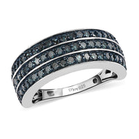 Doorbuster Blue Diamond 3 Row Ring in Platinum Over Sterling Silver (Size 7.0) 1.00 ctw