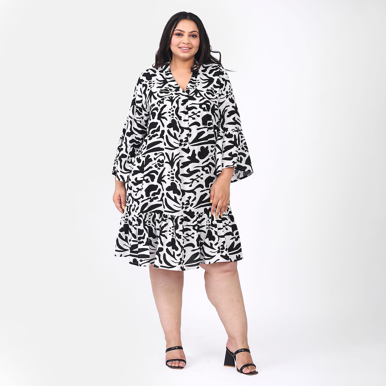 TAMSY 100% Rayon, Black and White Floral Dress with Flounce Sleeve - One Size