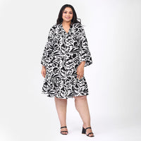 TAMSY 100% Rayon, Black and White Floral Dress with Flounce Sleeve - One Size