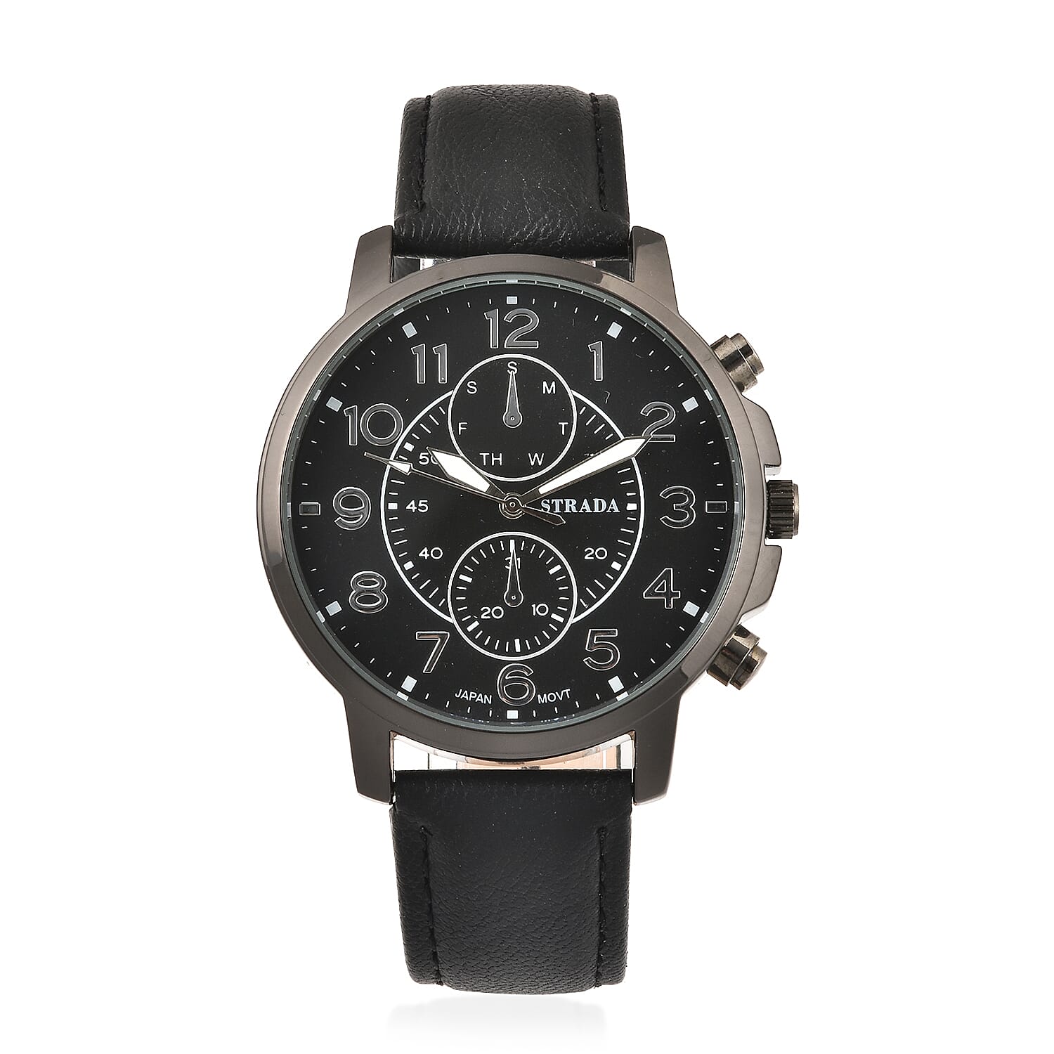 STRADA Japanese Movement Multifunction Button Watch with Black Faux Leather Strap