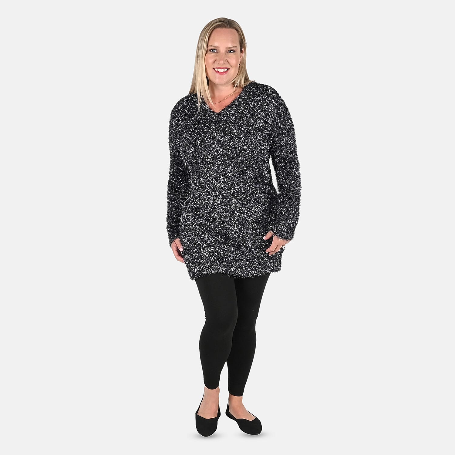 TAMSY Black Metallic Textured Sweater - L