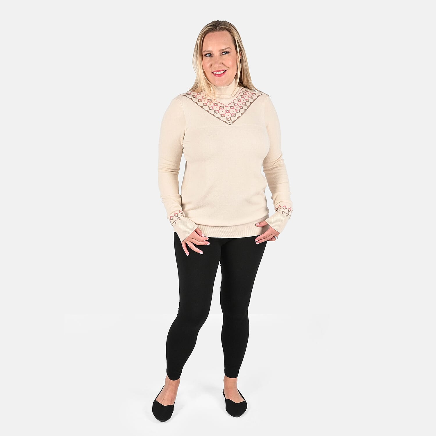 TAMSY Off-White Knit Turtle Neck with Diamond Pattern - L
