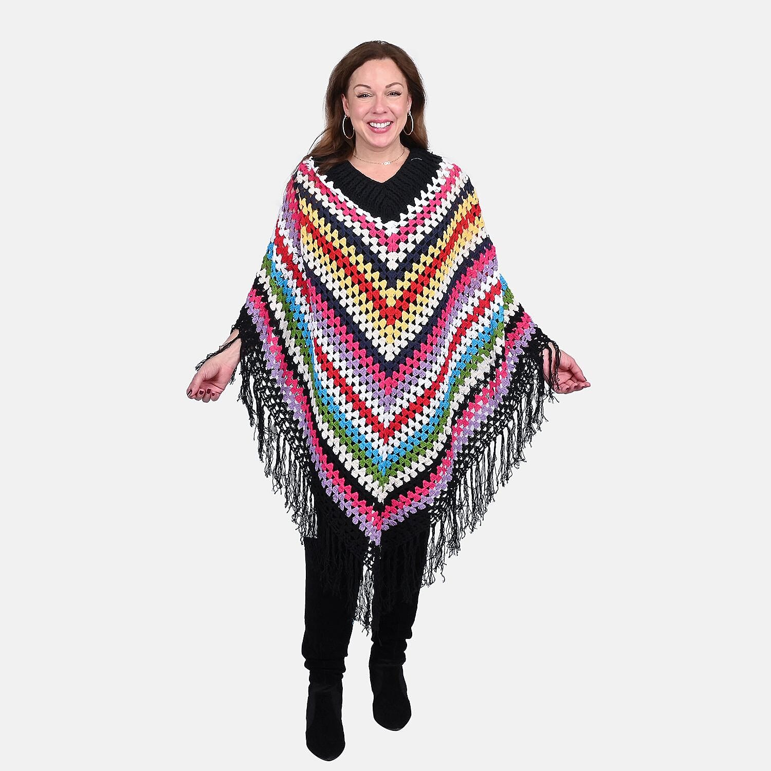 TAMSY Black with Multicolor Stripe Pattern Cotton Hand Chrochet Poncho - One Size Fits Most