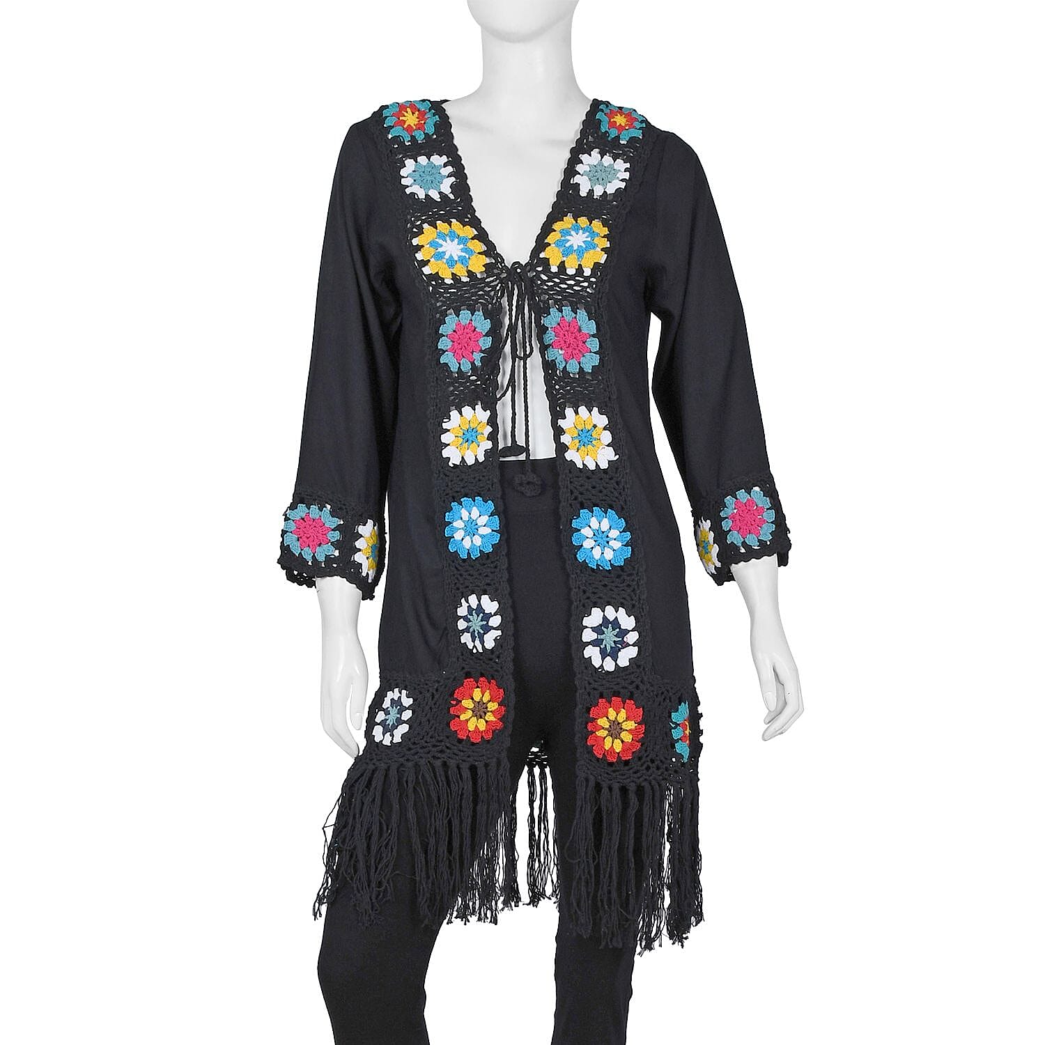 TAMSY Black with Multicolor Square Geometric Pattern Cotton Hand Chrochet Cardigan - M