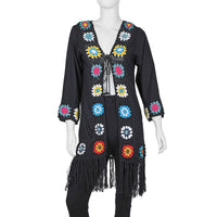 TAMSY Black with Multicolor Square Geometric Pattern Cotton Hand Chrochet Cardigan - M