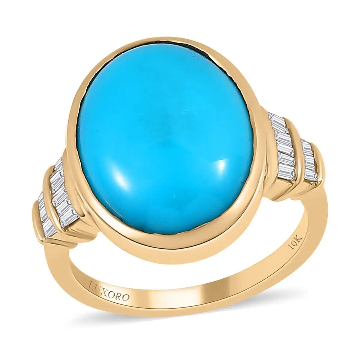 DOORBUSTER LUXORO 10K Yellow Gold AA Premium Natural Arizona Sleeping Beauty Turquoise, Diamond (0.20 cts) Ring (4.20 g) 7.25 ctw