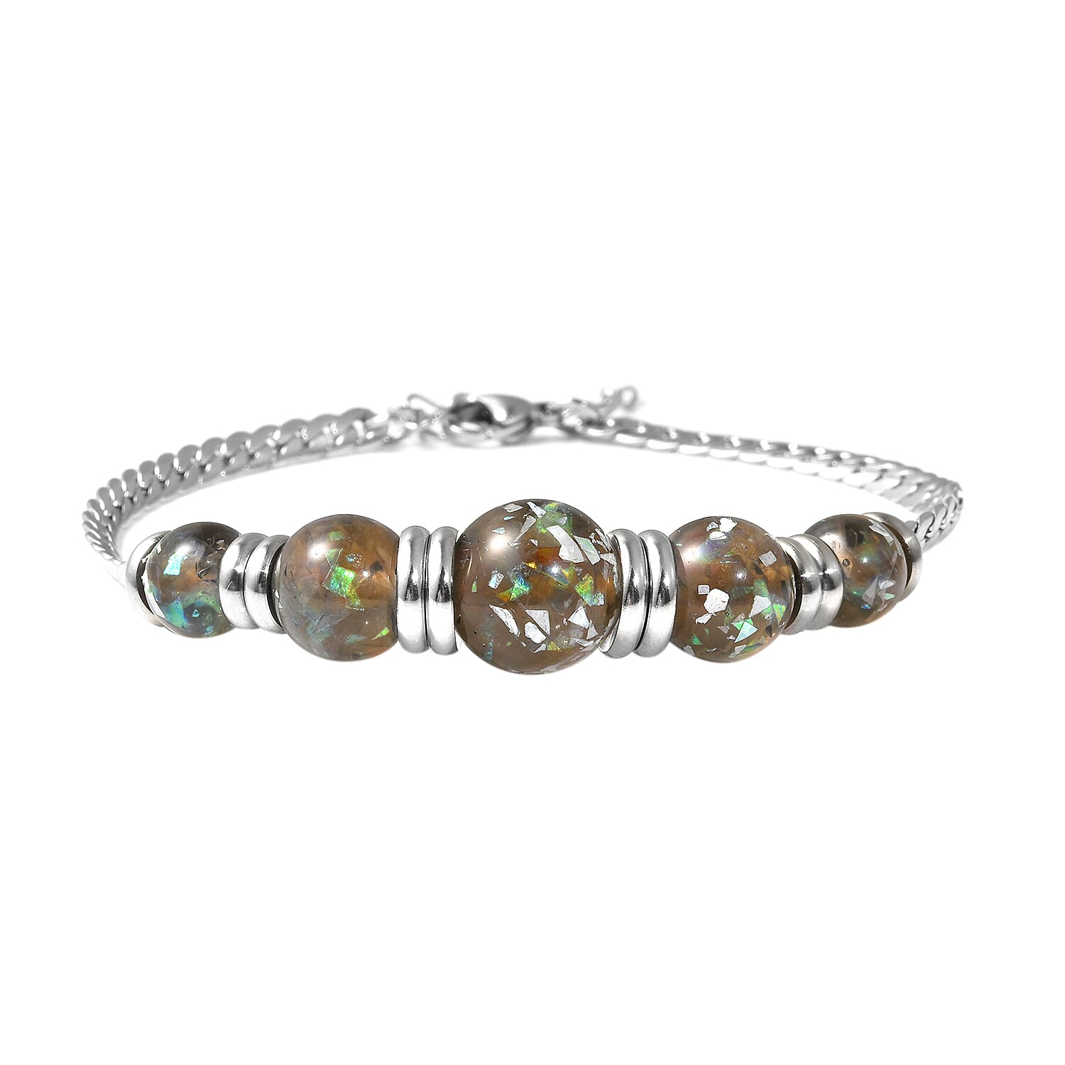 Grey Color Lab Created Opal Beaded 5 Stone Bracelet in Stainless Steel (7.25 In)