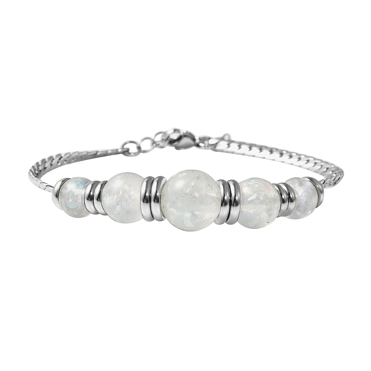 Grey Color Lab Created Opal Beaded 5 Stone Bracelet in Stainless Steel (7.25 In)