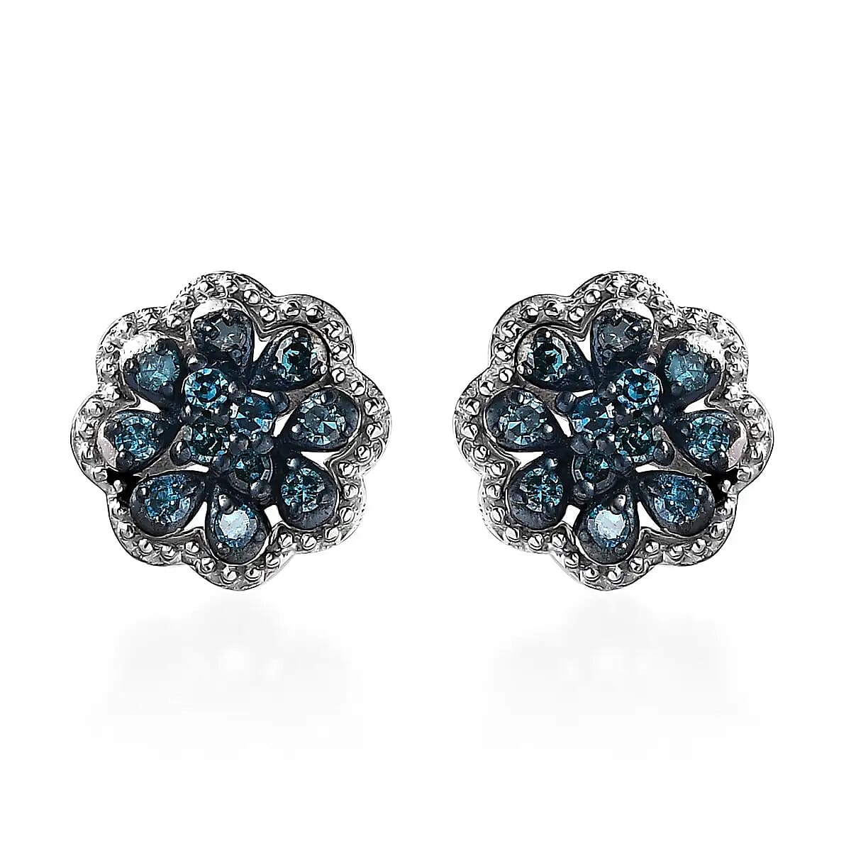 Doorbuster Blue Diamond Floral Stud Earrings in Platinum Over Sterling Silver 0.25 ctw
