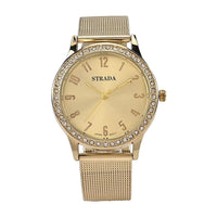 Strada White Austrian Crystal Japanese Movement Watch in Goldtone with Stainless Steel Mesh Belt Strap (36.06 mm) (6.50-7.50 Inches)