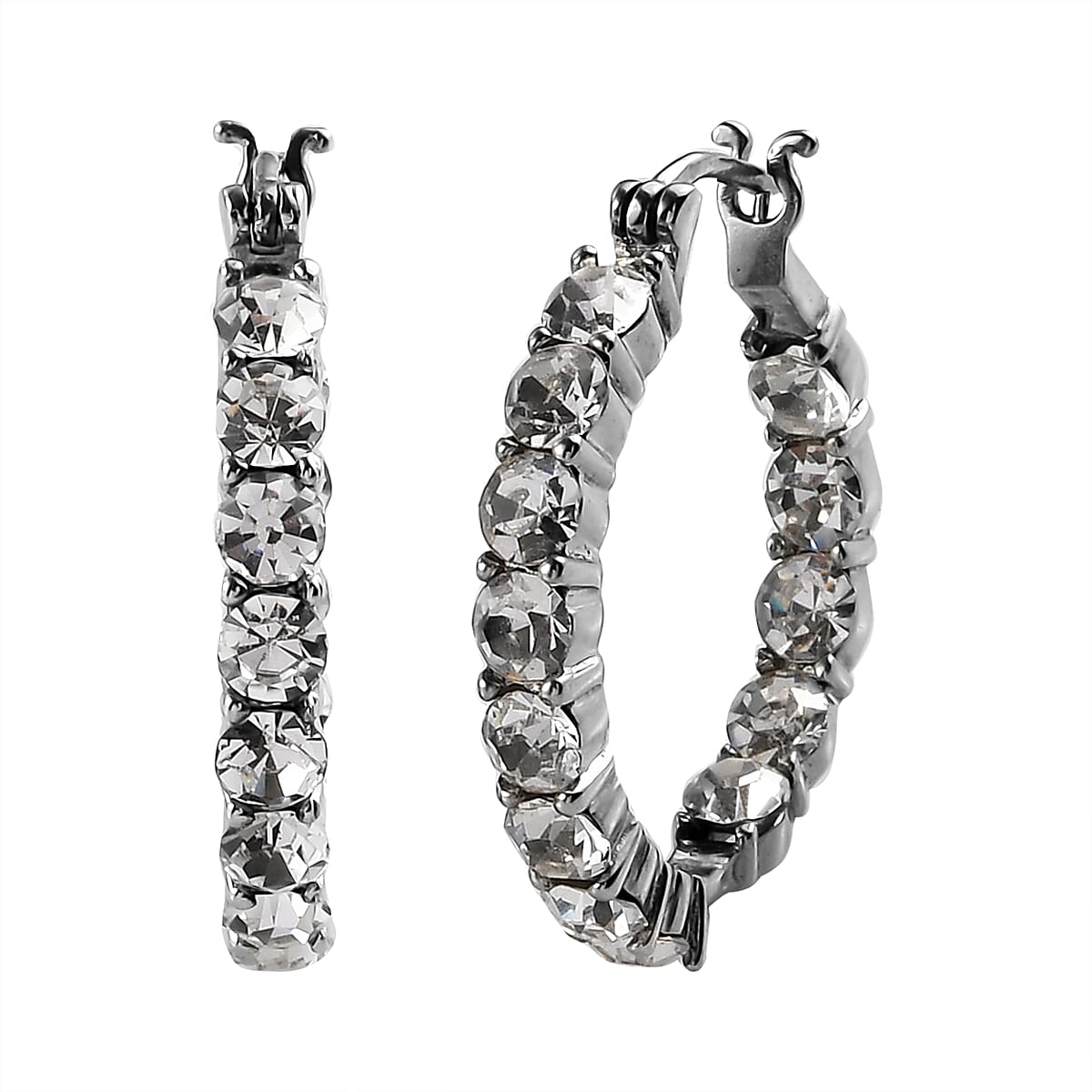 TLV White Crystal Hoop Earrings in Stainless Steel 5.60 ctw