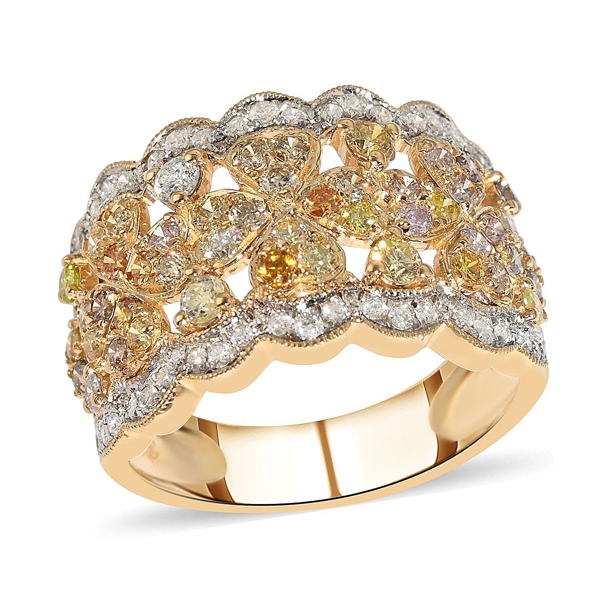 14K Yellow Gold Natural Pink, Yellow and White Diamond Band Ring (Size 10.0) 5.10 Grams 1.25 ctw (Delivery in 10-15 Business Days)