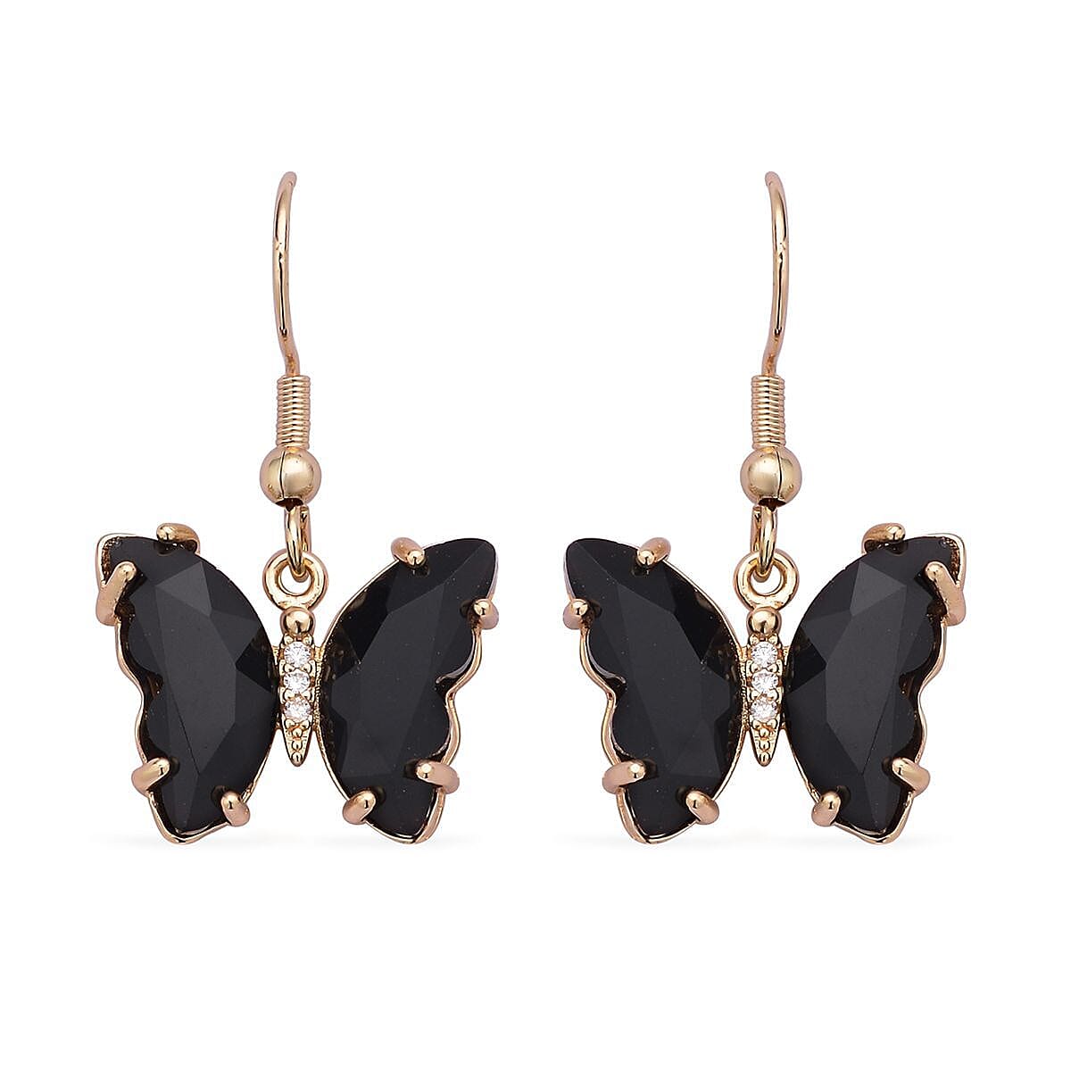 Simulated Black Sapphire and Simulated Diamond Butterfly Earrings in Goldtone