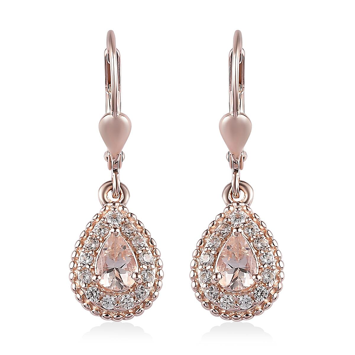 Marropino Morganite and Natural White Zircon Lever Back Earrings in Vermeil Rose Gold Over Sterling Silver 1.35 ctw