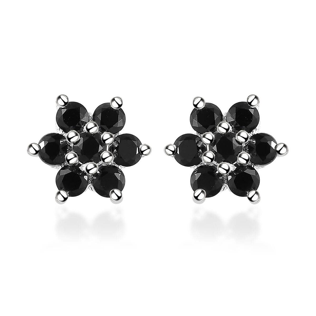 Natural Thai Black Spinel Floral Stud Earrings in Sterling Silver 1.00 ctw