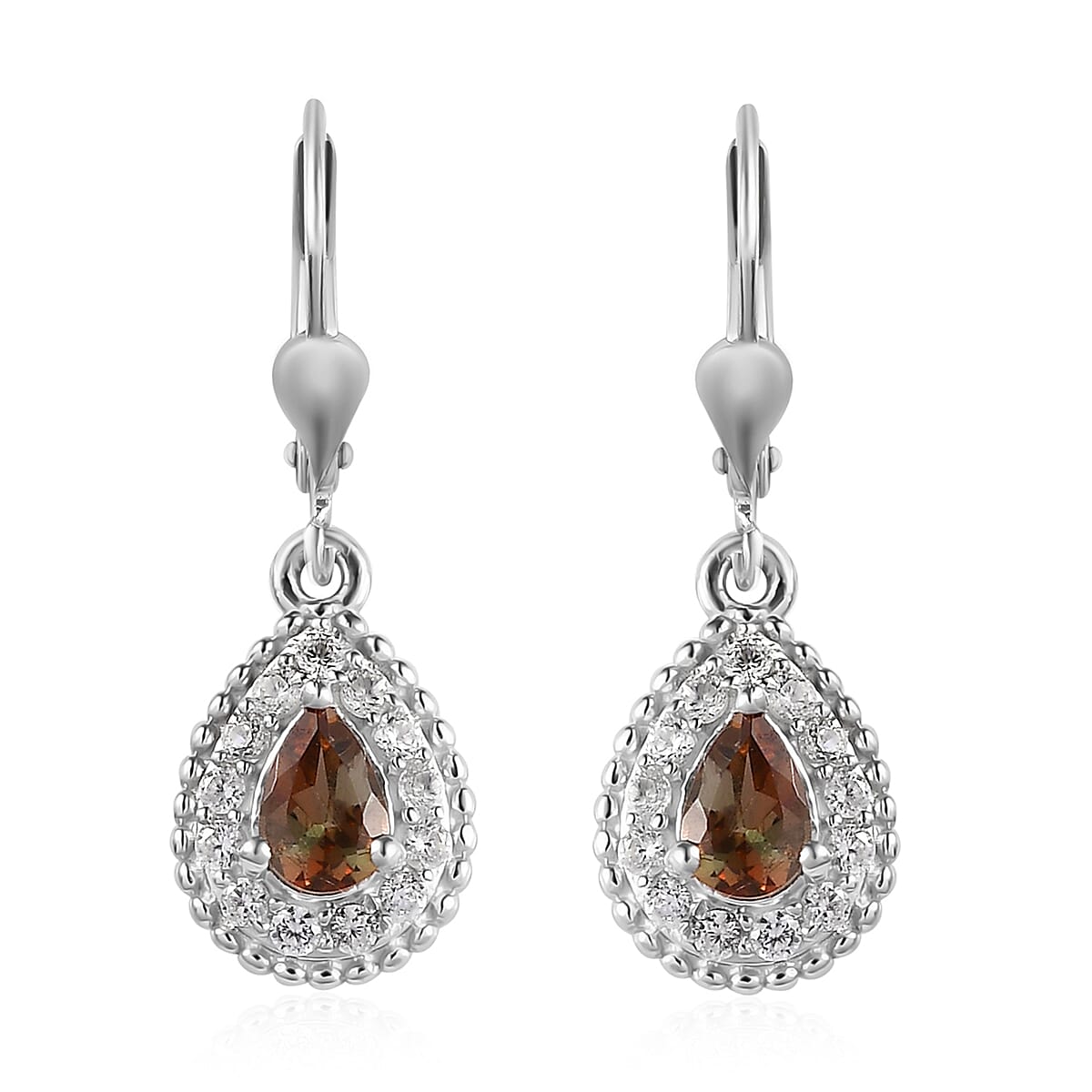 Jenipapo Andalusite and Natural White Zircon Lever Back Earrings in Platinum Over Sterling Silver 1.40 ctw