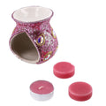 "Peacock Print Ceramic Wax Tart Burner Set  Fragrance: Frosted Vanilla Color: Pink Size: 3X3X7 Inches" - Sticky add to cart bar
