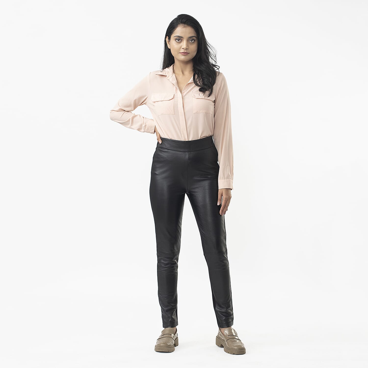 LA MAREY Black Genuine Lamb Leather With Back Ponte Knit Legging - L
