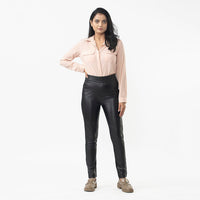 LA MAREY Black Genuine Lamb Leather With Back Ponte Knit Legging - L
