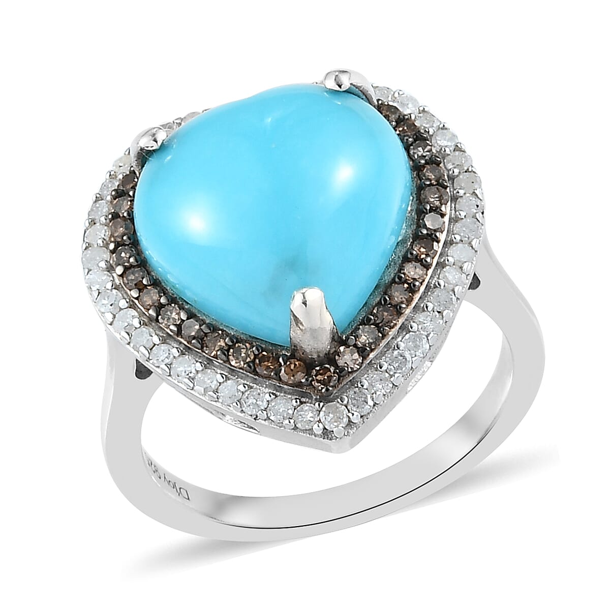Natural Arizona Sleeping Beauty Turquoise (HT 12), Natural Champagne and White Diamond (0.60 cts) Heart Ring in Platinum Over Sterling Silver (Size 10.0) 5.65 ctw