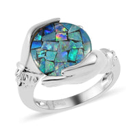 Mosaic Opal Bypass Claddagh Ring in Vermeil Yellow Gold Over Sterling Silver (Size 6.0) 7.80 Grams 4.35 ctw