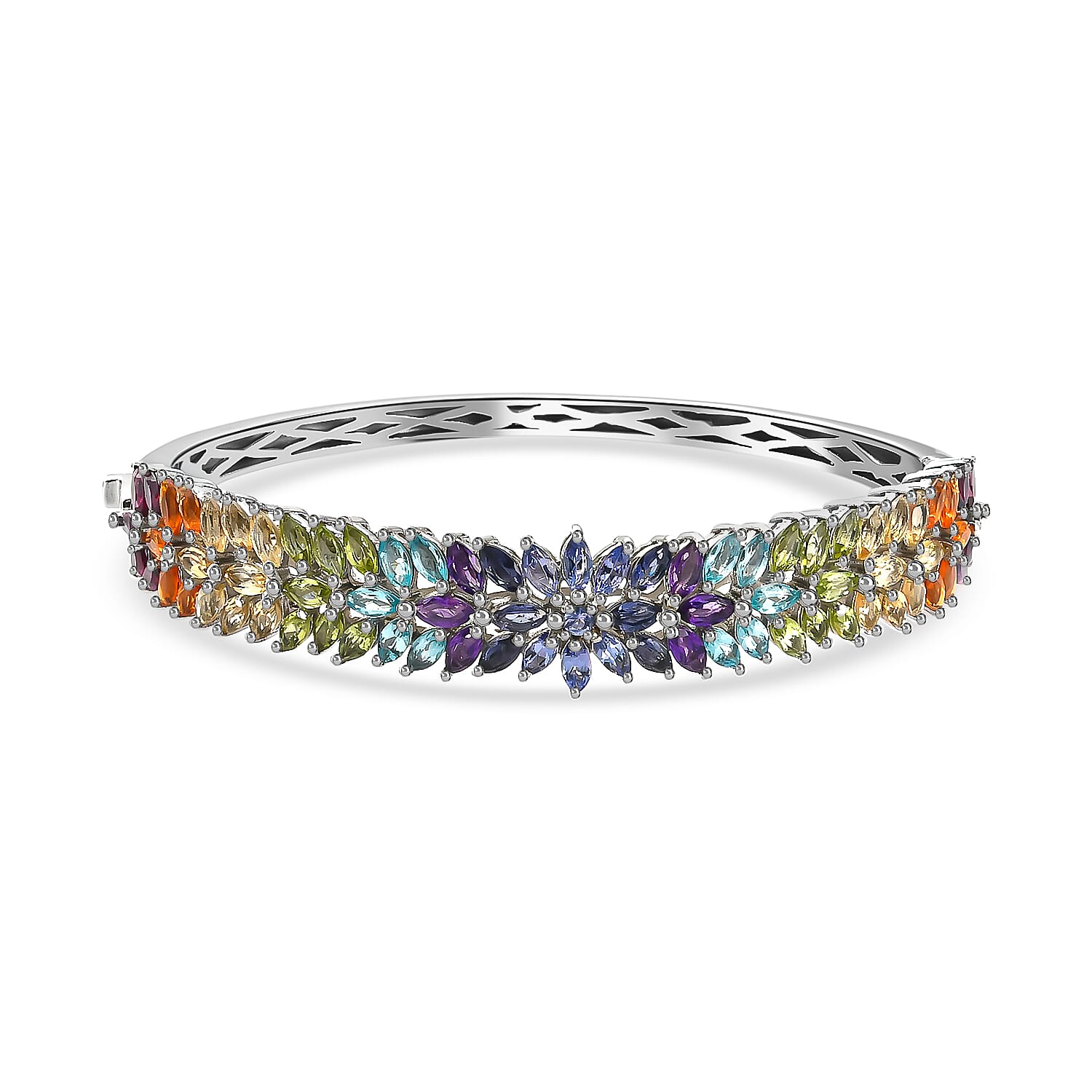 Multi Gemstone Bangle Bracelet in Platinum Over Sterling Silver (7.25 in) 22 Grams 11.90 ctw