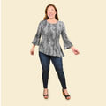 TAMSY Neutral Mosaic Bell-Sleeve Asymmetrical Top - Large - Sticky add to cart bar