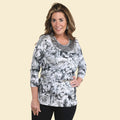 TAMSY Grey Floral Blouse with Chain Belt and Neck Embellishment - Large - Sticky add to cart bar