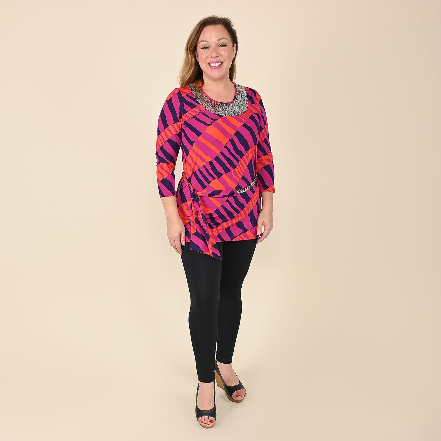 TAMSY Grey Floral Blouse with Chain Belt and Neck Embellishment - Large