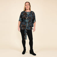 TAMSY Blue Abstract Kaftan Sleeve Blouse with Neck Embellishment - Large