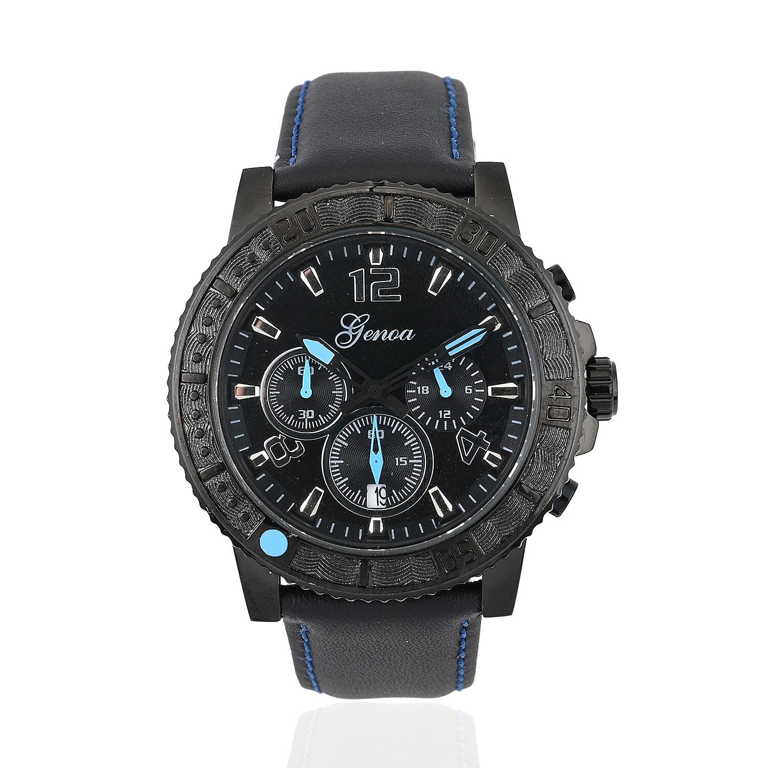 Genoa Multifunctional Quartz Movement Watch with Orange Line and Black Leather Strap (45mm) (8.0-9.25Inches)