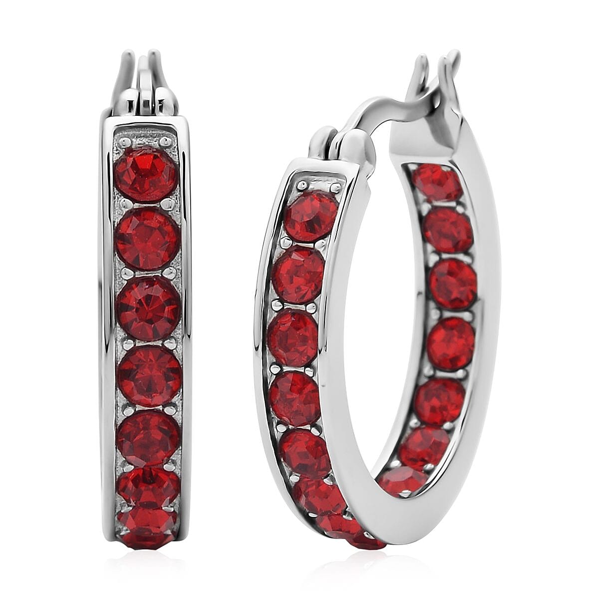 Ruby Color Austrian Crystal Inside Out Hoop Earrings in Stainless Steel