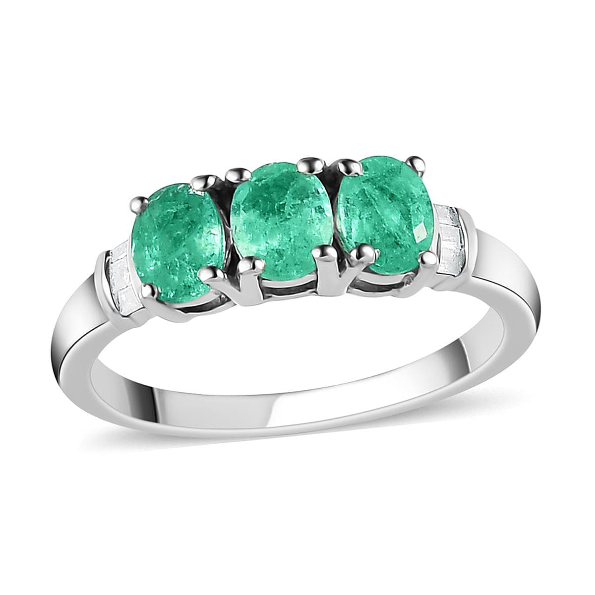 Ethiopian Emerald and Diamond Trilogy Ring in Platinum Over Sterling Silver 1.10 ctw