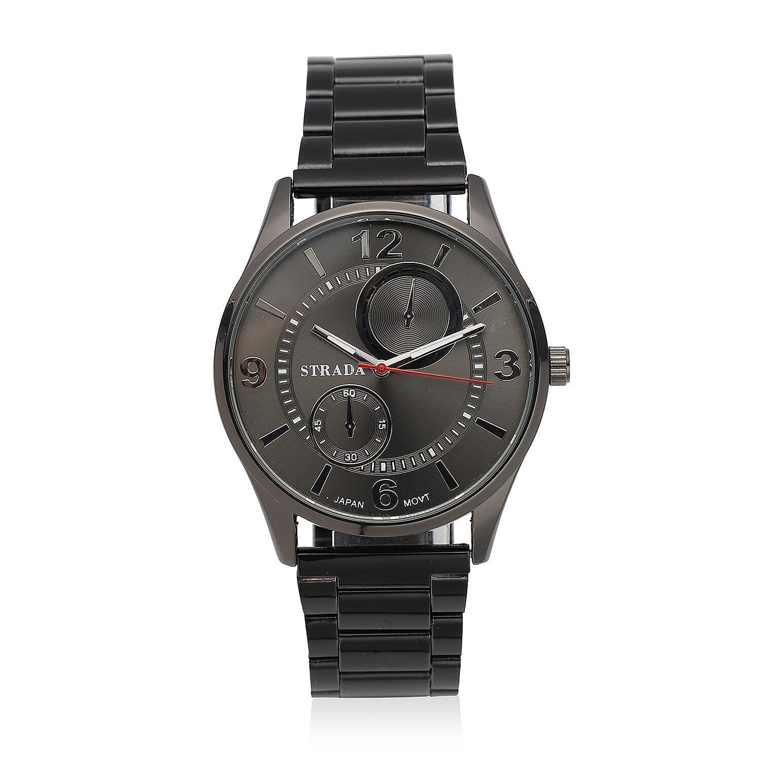 STRADA Japanese Movement Watch with ION Plated Black Stainless Steel Strap (6.50-8.25 Inches) (25.40 mm)