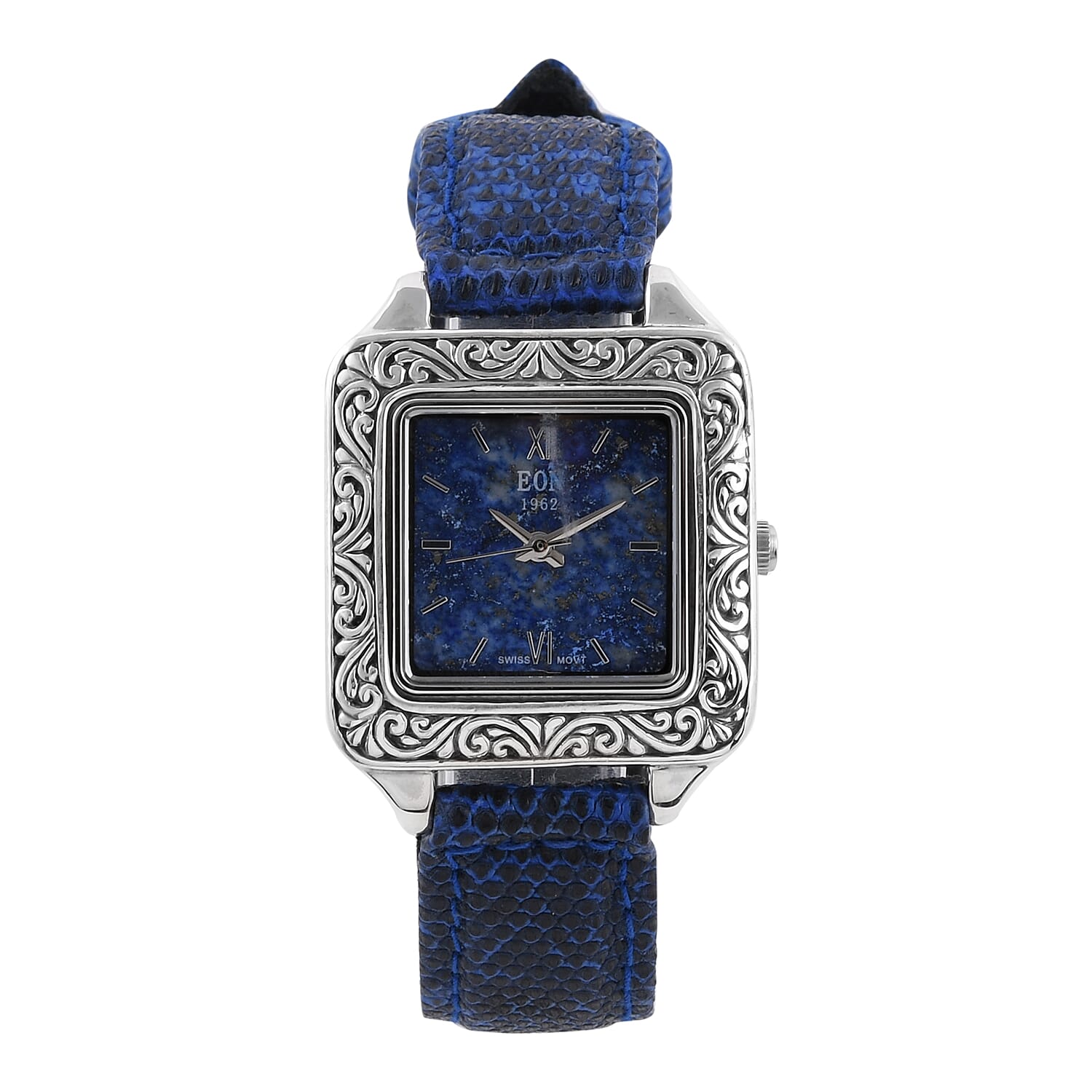 BALI LEGACY EON 1962 Lapis Lazuli Swiss Movement Watch in Sterling Silver and Stainless Steel with Royal Blue Lizard Color Leather Strap (20 g)