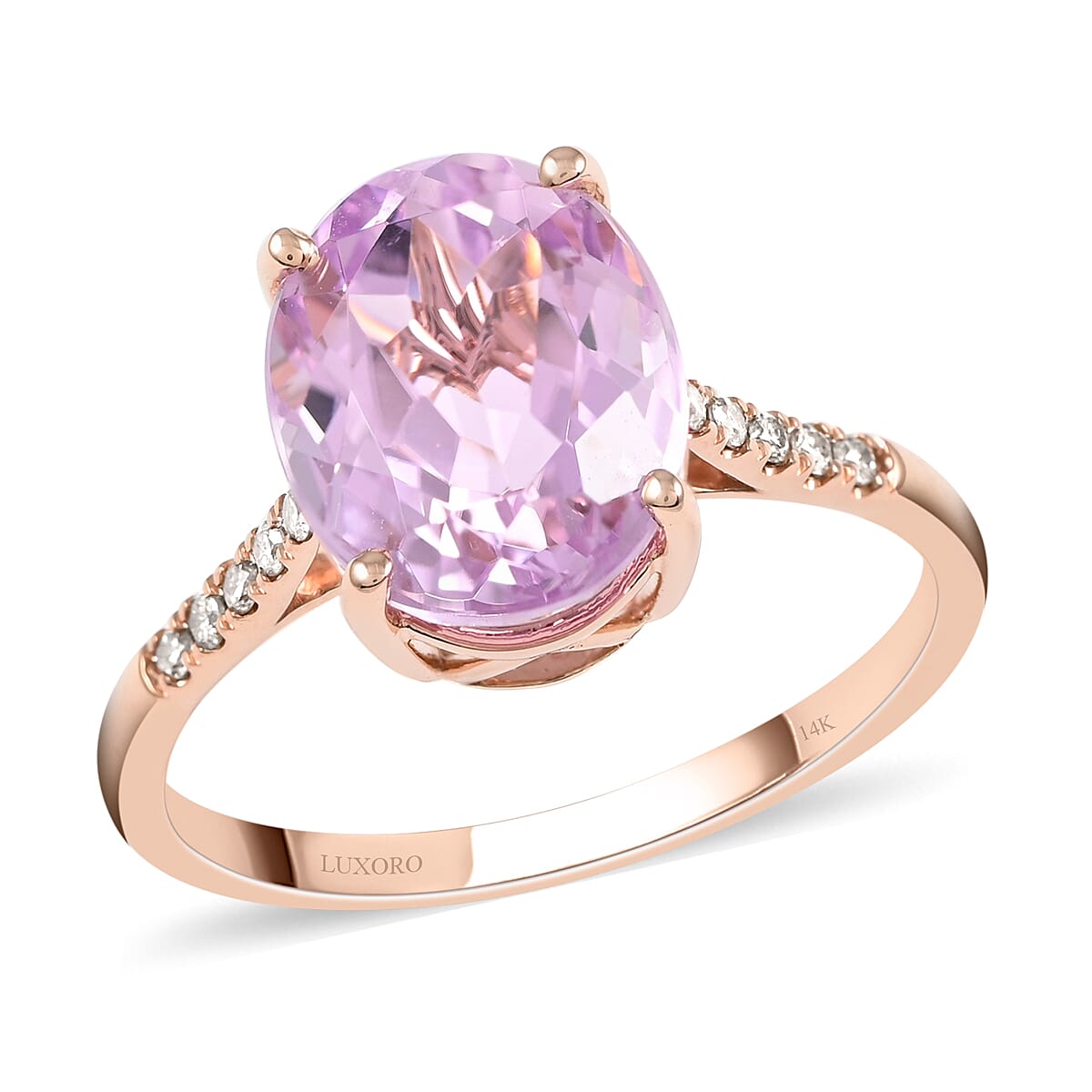 Certified & Appraised LUXORO 14K Rose Gold AAA Martha Rocha Kunzite, Diamond (G-H, I1) Ring (Size 6.0) 4.70 ctw