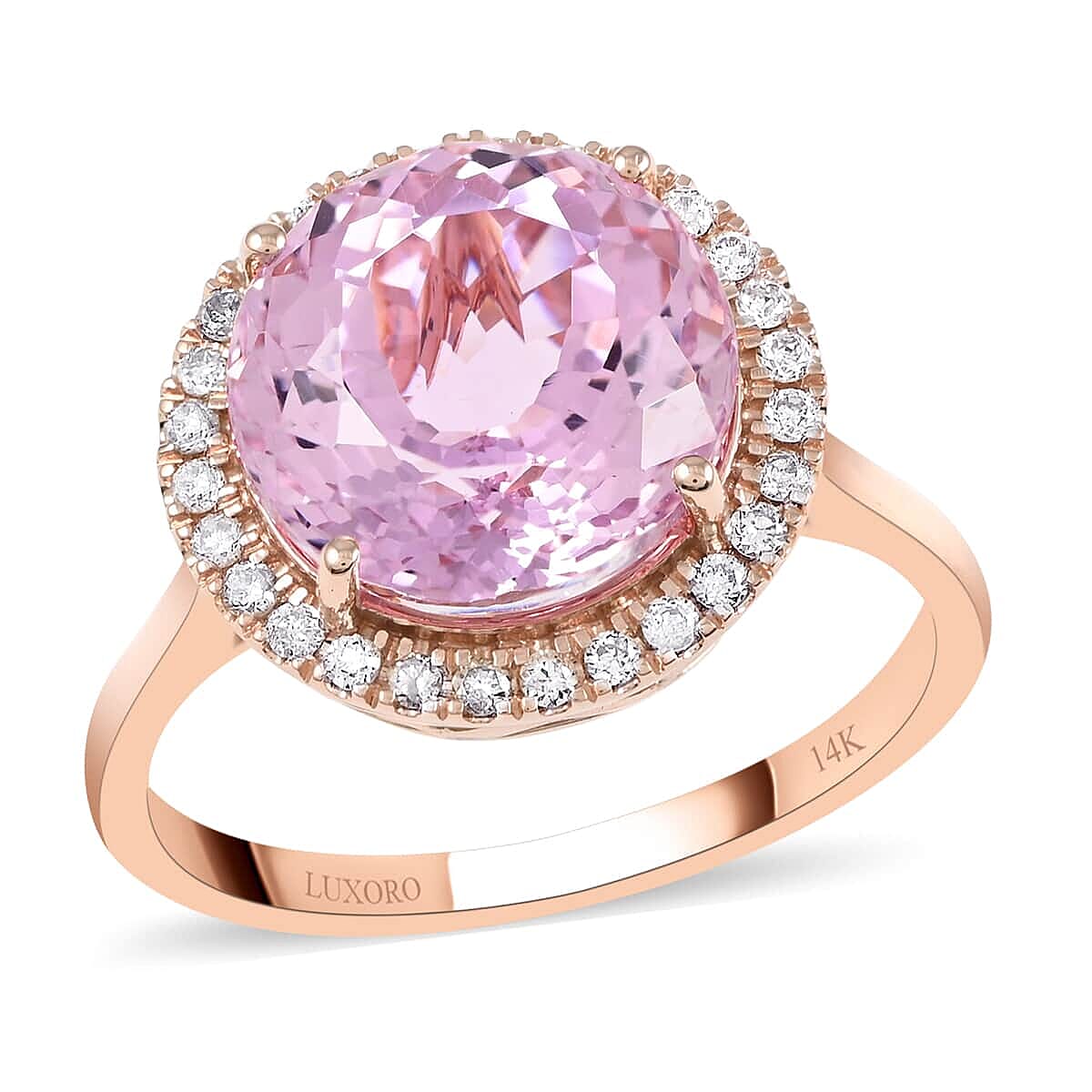 Certified & Appraised LUXORO 14K Rose Gold AAA Martha Rocha Kunzite and G-H I1 Diamond Halo Ring 3.27 Grams 6.80 ctw