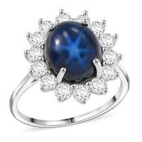 Thai Blue Star Sapphire, Moissanite Halo Ring in Platinum Over Sterling Silver (Size 10.0) 8.75 ctw