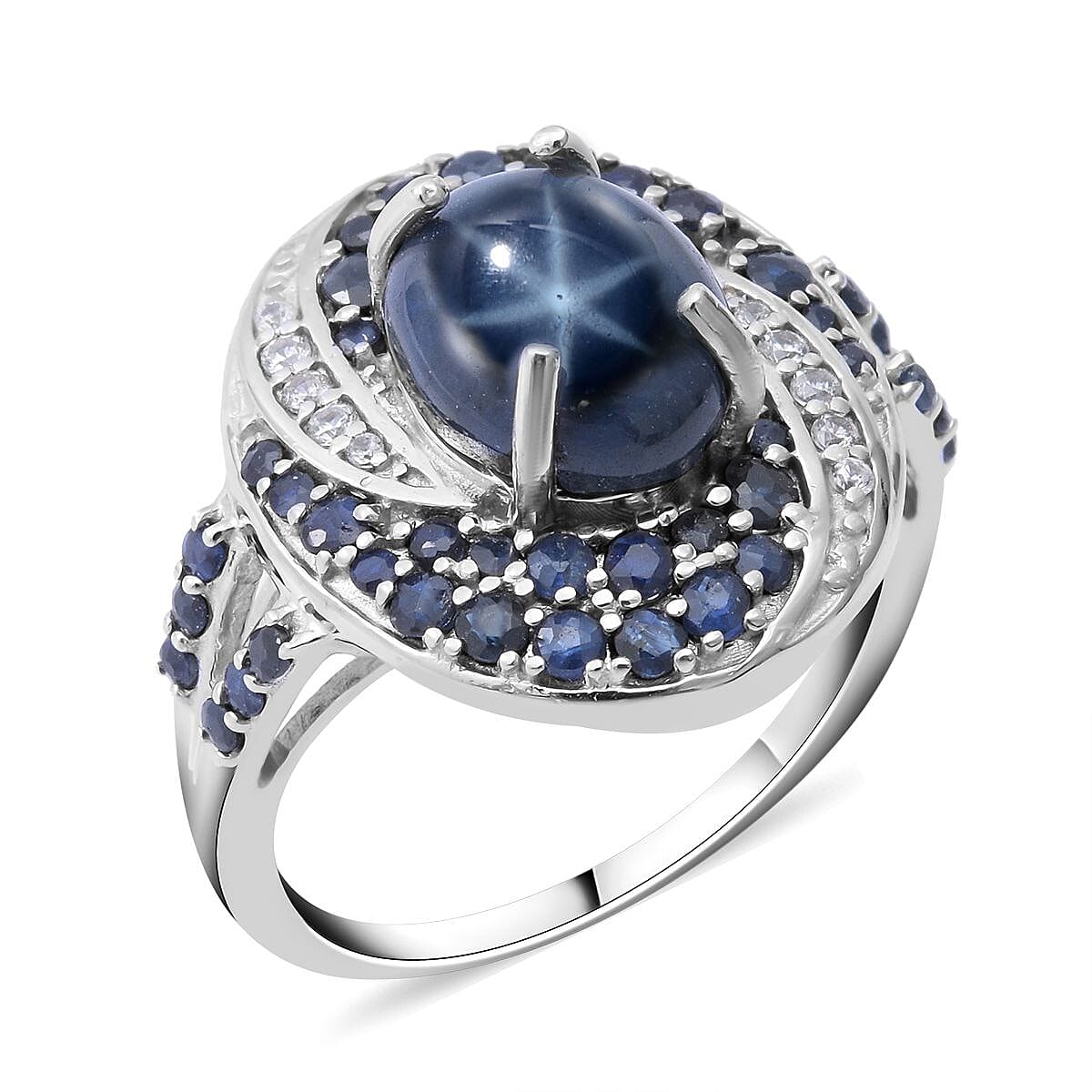 Thai Blue Star Sapphire, Multi Gemstone Split Shank Ring in Platinum Over Sterling Silver (Size 10.0) 5.25 ctw