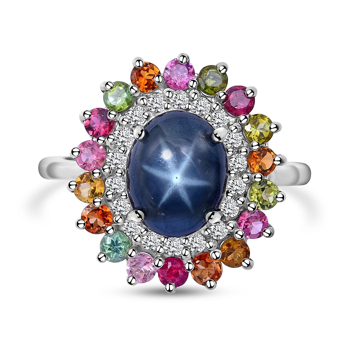 Thai Blue Star Sapphire and Multi Gemstone Cocktail Ring in Platinum Over Sterling Silver 6.20 ctw